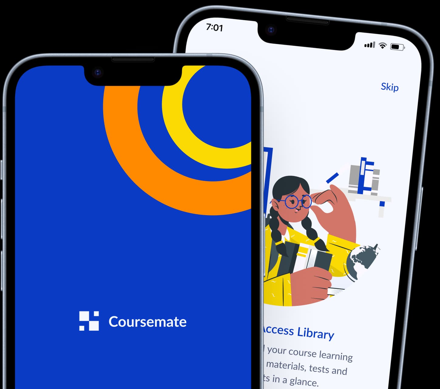 mockups of the coursemate app splash and onboarding screens